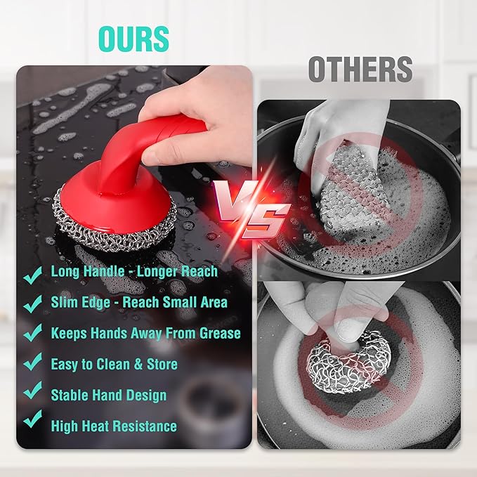 HAUSHOF Cast Iron Scrubber with Long Handle, Chainmail Scrubber Cast Iron Cleaner for Pan, Kitchen Cleaning Kit for Grill, Dutch, Oven