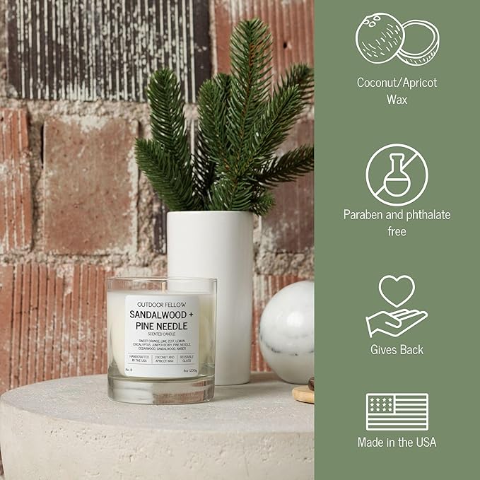 Outdoor Fellow Sandalwood + Pine Needle Scented Candle, 8oz, Coconut & Apricot Wax Blend, Sandalwood, Pine Needle, Eucalyptus, Reusable Glass, 40-50 Hour Burn Time