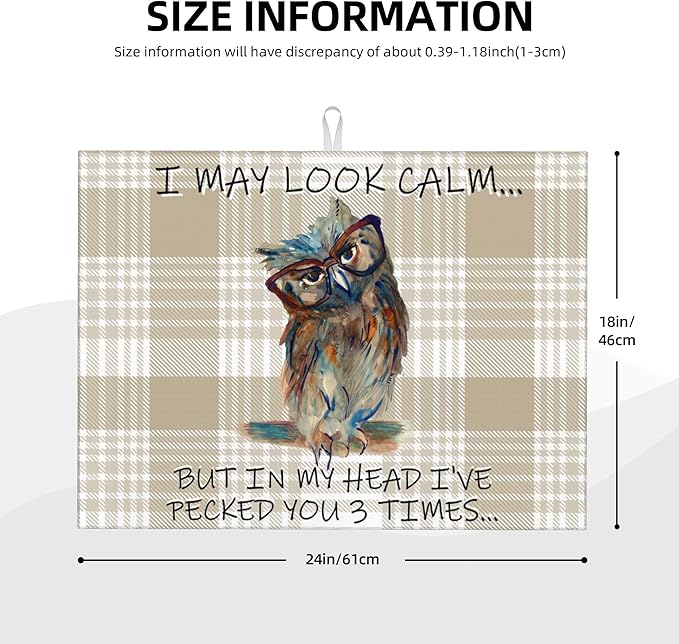 Kitchen Drying Mat Funny Owl Dish Drainer Mat for Kitchen Counter Microfiber Absorbent Reusable Washable 18x24 Inch Home Holiday Decor Cute Buffalo Plaid Drying Pad