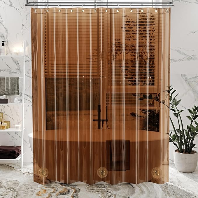 AmazerBath Premium EVA Shower Curtain Amber, Luxury Clear Brown Jelly-Like Soft Waterproof Shower Curtain with 3 Weighted Stones and 12 Grommets, Recyclable Packaging