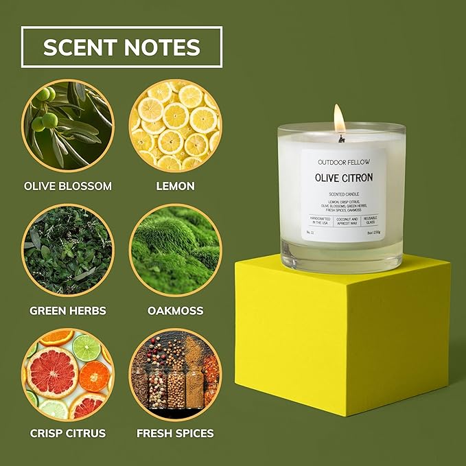 Outdoor Fellow Olive Citron Scented Candle – Highly Scented 8oz Jar Candle with Lemon, Citrus & Herbs – Non Toxic, Long Lasting Fragrance for Lemon Decor Accent in Home or Kitchen