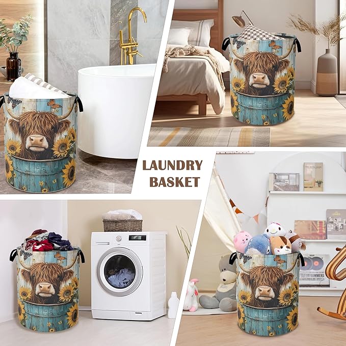 Large Laundry Basket,Highland Cow Collapsible Laundry Baskets,Sunflower Butterfly Waterproof Oxford Hamper with Handles for Bathroom Bedroom Nursery Home Storage 16"x20"