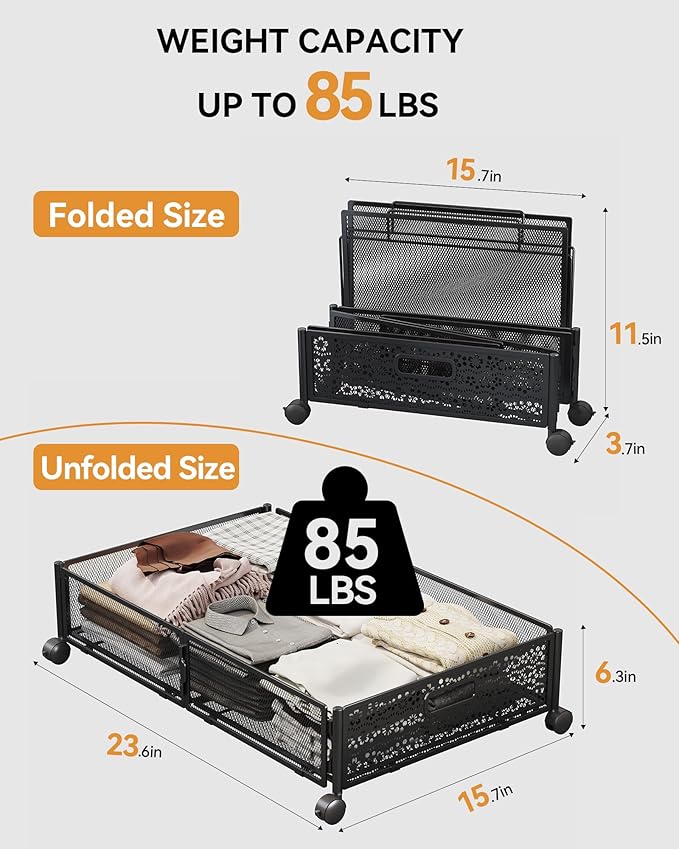 Under Bed Storage with Wheels, Foldable Pattern Carved Metal Under The Bed Storage, Tool-Free Assembly Under Bed Organizer, 60L Underbed Storage for Bedroom Clothes Blankets Shoes Toys