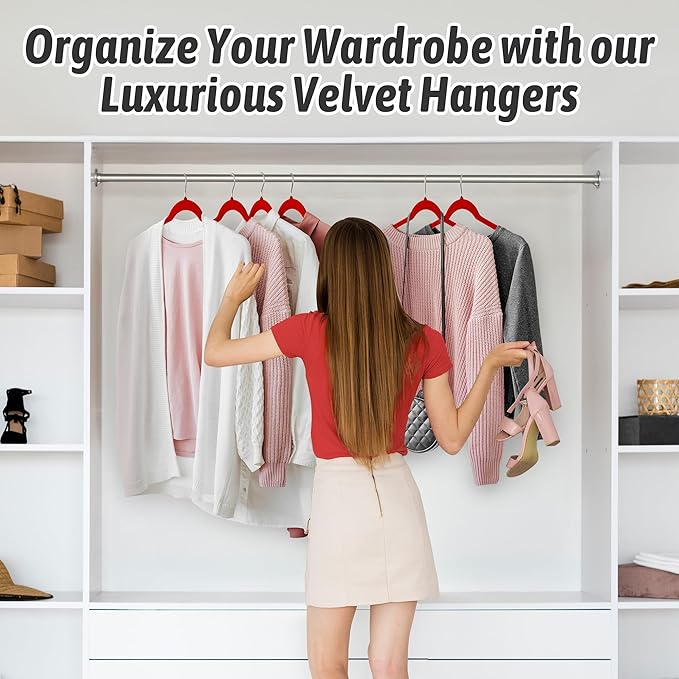 Sishynio Velvet Hangers 50 Pack – Slim Non-Slip Flocked Hangers with 360° Swivel Hook, Space-Saving Closet Organizer for Dresses, Blouses, Coats(Red)