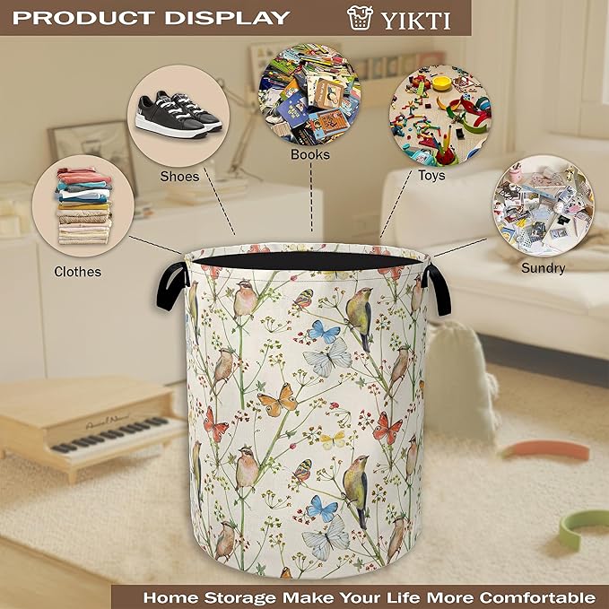 Laundry Hamper,Watercolor Bird Laundry Basket,Spring Flower Butterfly Portable Collapsible Laundry Room Organization Storage for Dorm Room,Nursery,Bathroom,Bedroom,16x20 Inch