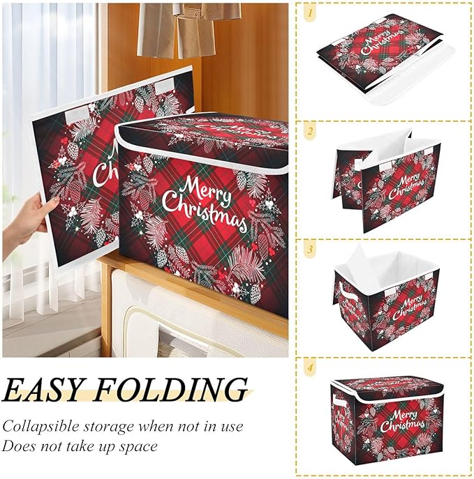 Christmas Baskets Collapsible Storage Bins with Lids, Christmas Monogram Wreath Tartan Plaid Storage Boxes Clothes Baskets for Organizing