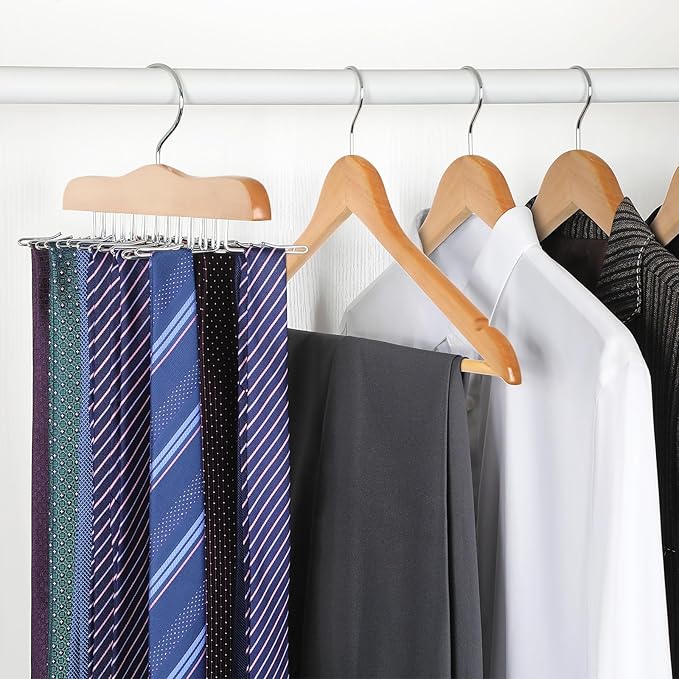 TOPIA HANGER Tie Rack Hanger for Closet, Wooden Tie Organizer for Men with 24 Folding Hooks, Space Saving Necktie Holder for Storage and Display Bra, Tank Top, Camisole (2-Pack), Natural- CT14N-2