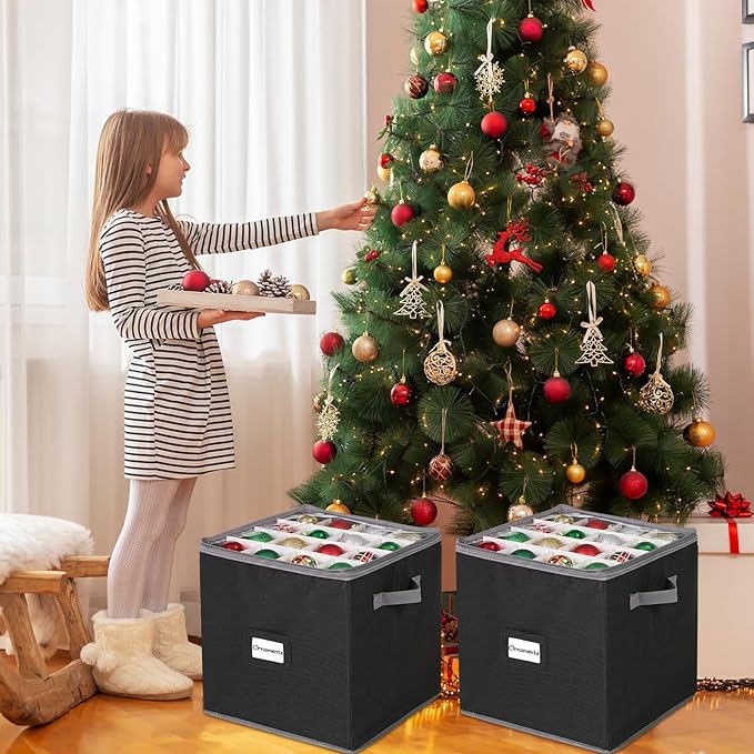 CHENGU 2-pack Christmas Ornament Storage Stores up to 64 Christmas Ball Accessories Holder with Adjustable Dividers, Zippered Closure Two Handles for Holiday Ornaments and Xmas Decorations(Black)