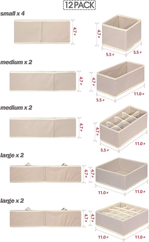 12 Pack Foldable Drawer Organizer Dividers Cloth Storage Box Closet Dresser Organizer Cube Fabric Containers Basket Bins for Underwear Bras Socks Panties Lingeries Nursery Baby Clothes Beige