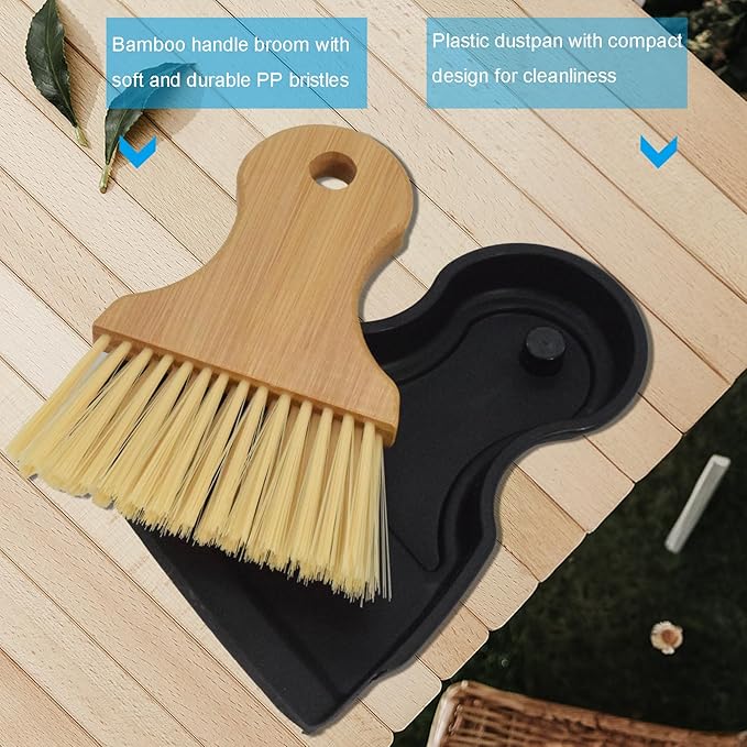 Mini Broom and Dustpan Set Portable Hand Broom with Bamboo Handle Small Crumb Sweeper for Home, Bathroom, Kitchen, Car Interior, Office, Pet Areas (Black)