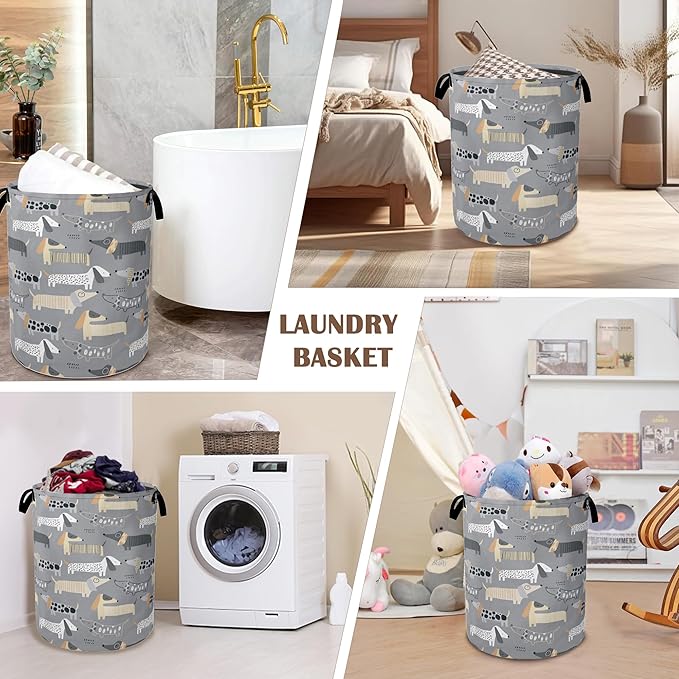 Cute Dachshunds Laundry Basket,Grey Dogs Collapsible Laundry Baskets with Handles,Waterproof Oxford Cloth Storage Basket 16"x20" for Bathroom/Bedroom/Dormitories