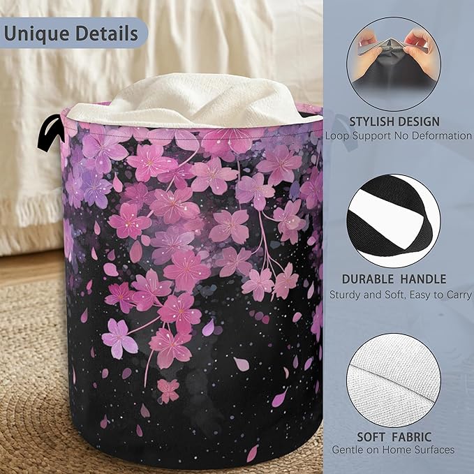 Cherry Blossoms Laundry Basket,Foldable with Handles Tote Bag Oxford Cloth for Bathroom Bedroom Dirty Clothes Storage Bucket 16" x 20.8"
