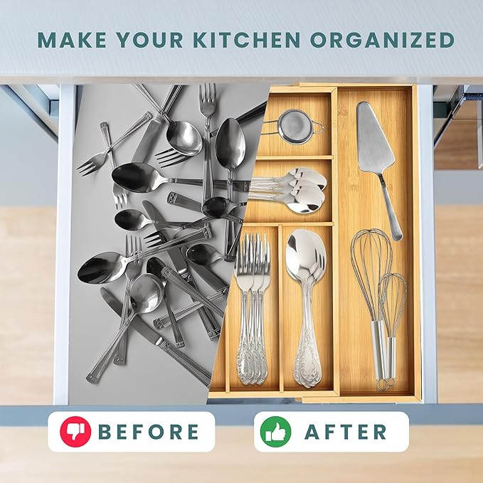 Sben Expandable Drawer Organizer for Utensils Holder, Adjustable Cutlery Tray, 6-8 Slots, Premium Wood Drawer Dividers Organizer for Silverware, Flatware, Knives for Kitchen (Bamboo)