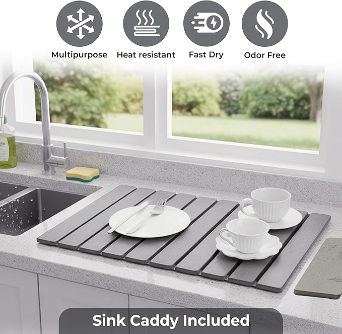 Large Stone Dish Drying Mat for Kitchen Counter, 2PCS Quick Dry Stone Dishes Mats, Foldable Water Absorbing Diatomaceous Earth Drying Pad for Bottles Dish Cups(Light Gray 24"×16" & 8"x5")