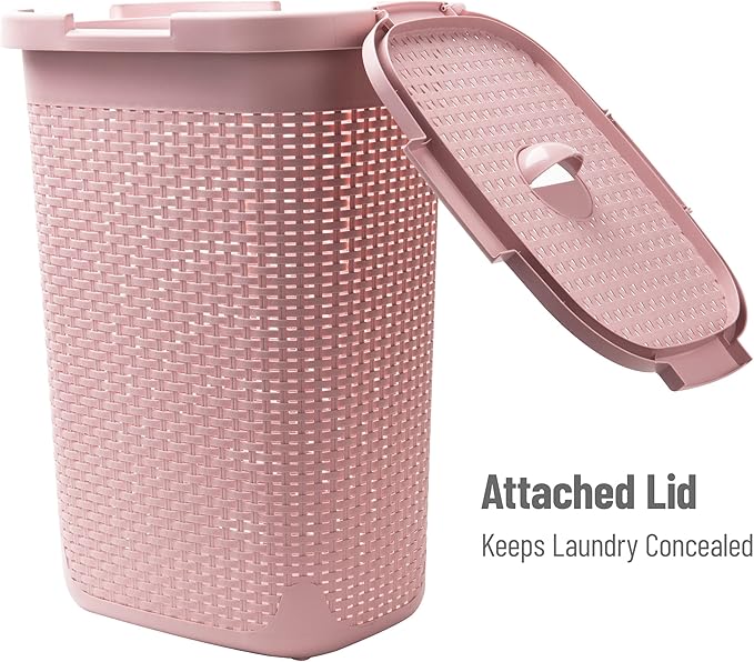 Mind Reader Slim Laundry Hamper with Lid, 60L Clothes Baskets, Premium Wicker Design, Plastic, 2-Pack, Pink