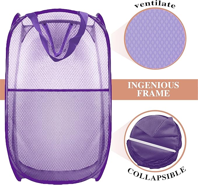 Buyongwant Collapsible Pop Up Laundry Hamper, Extra Large Mesh Foldable Laundry Basket, 28" x 16" x 16"(Purple)