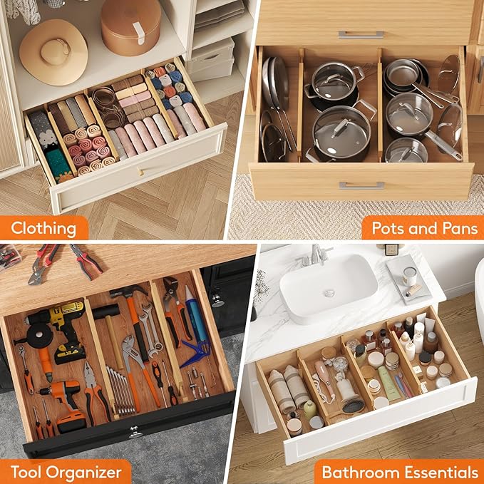 Lifewit 6 Pack 5" Deep Bamboo Drawer Dividers, 17.5-22" Expandable Drawer Organizers for Clothes, Adjustable Dresser Drawer Divider, Clothing Drawer Separators for Dresser, Bedroom, Bathroom, Kitchen