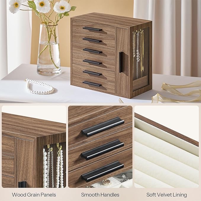 HOOBRO Jewelry Box for Women, Jewelry Organizer Box, 6-Tier Wooden Jewelry Box, Jewelry Case with Side Transparent Window, Creative Gift, for Earring, Necklace, Bracelet, Walnut and Black BH12JB04