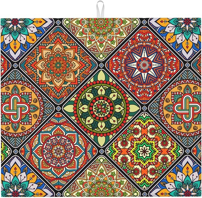 Mandala Colorful Kitchen Drying Mat Retro Microfiber Dish Drainer Mat for Kitchen Counter Boho Decor Absorbent Reusable Washable 16x18 Inch