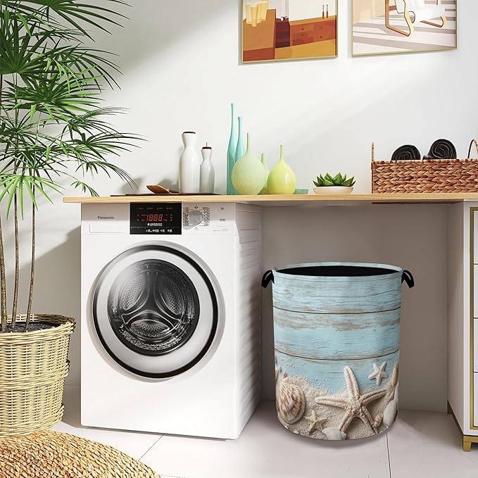 Starfish Seashell Laundry Basket,Vintage Wooden Oxford Cloth Laundry Hamper with Handle Foldable Portable Clothes Storage Basket for Bathroom Bedroom Dorm Room 16" x 20.8"