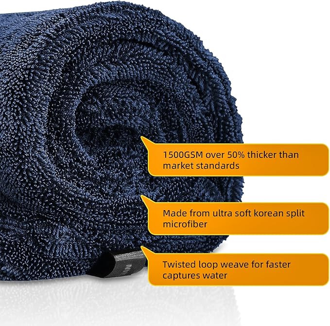 RYCELYSIAN 24" x 36" Twisted-Loop Car Drying Towel, 1500GSM Microfiber Cleaning Cloth for Car, Trucks, Motorcycles, Streak Free, Lint Free, Ultra Absorbent Washing Cloth for Kitchen, Window (Blue)
