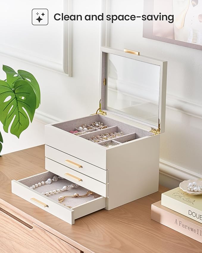 Lolalet Jewelry Box, Clear Window Wood Grain Jewelry Storage for Earrings Bracelets Necklaces Rings, High Capacity Organizer for Women -Beige, 4 Layers