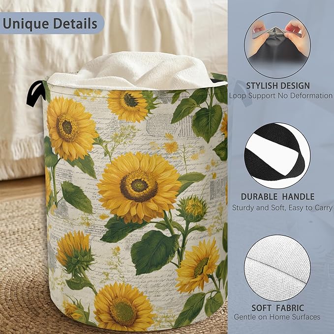 Vintage Sunflowers Laundry Basket,Oxford Cloth Laundry Hamper with Handle Foldable Portable Clothes Storage Basket for Bathroom Bedroom Dorm Room 16" x 20.8"