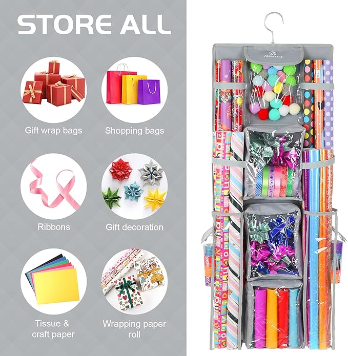 Freegrace Double Sided Hanging Gift Wrap Organizer | Large 16" x 41" Wrapping Paper Rolls Storage Bag | Tearproof & Space Saving Closet Gift Bag Organization Solution (Gray)
