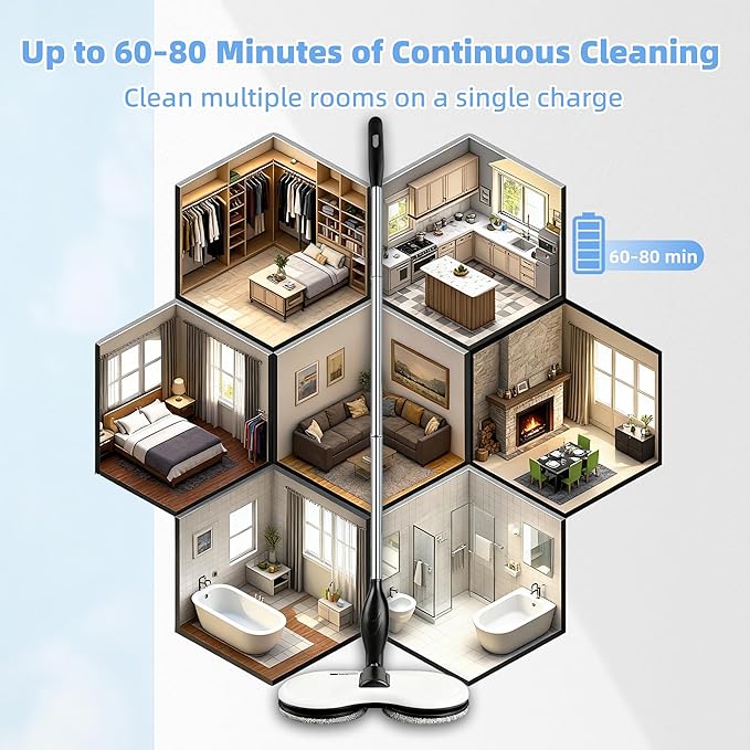 KOJEO Electric Mop for Floor Cleaning, As Seen On TV, Cordless Spin Mopper Motorised Electric Mops for Hardwood Tile Laminate Floor Daily Light Cleaning (No Water Tank)