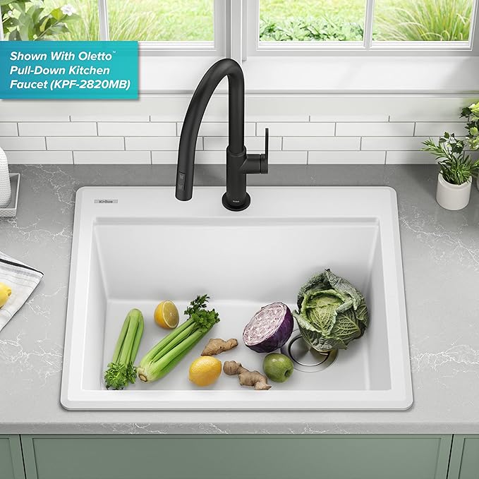 KRAUS Bellucci 25-inch Granite Workstation Drop In Top Mount Single Bowl Kitchen Sink in White with Accessories, KGTW12-25WH