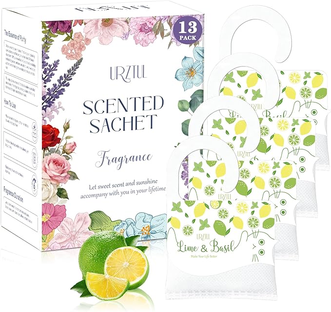 13 Packs Lime & Basil Sachets Bags for Drawers and Closets, Hanging Scented Sachets Air Fresheners, Natural Home Fragrance Odor Eliminator for Wardrobe, Shoe Cabinet, Car & Bathroom Potpourri Bag