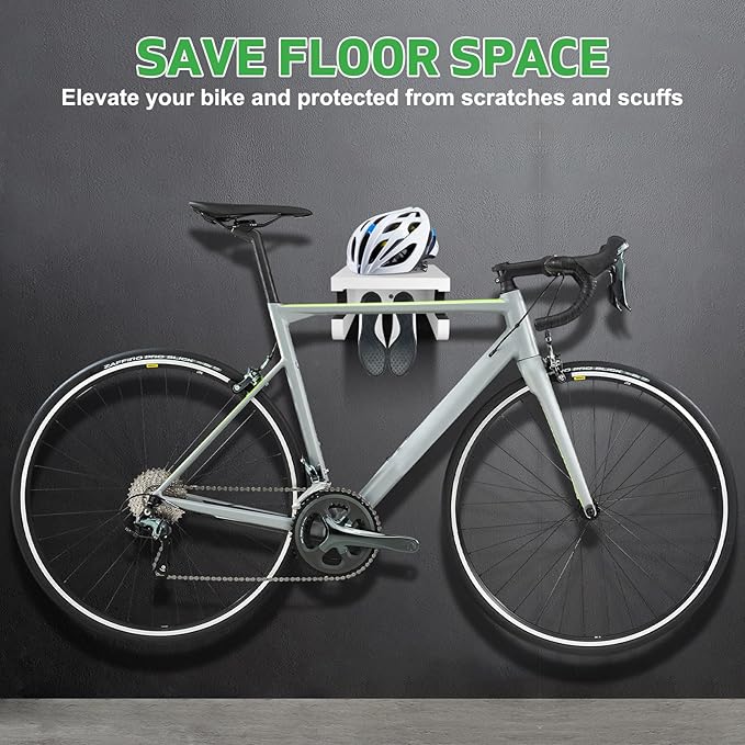 Wooden Bike Wall Mount Rack with Shelf and Hooks for Home, Space-Saving Indoor Horizontal Bike Storage Rack for Garage, Wood Wall Mounted Bike Hangers for Single Road, Mountain Bicycle