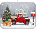 Christmas Tree Truck Dish Drying Mat for Kitchen Countertop 16x18 Winter Snow Poinsettia Golden Retriever Small Drying Mat Reusable Quick Dry Dish Sink Mats Easy Clean Decorative Essentials