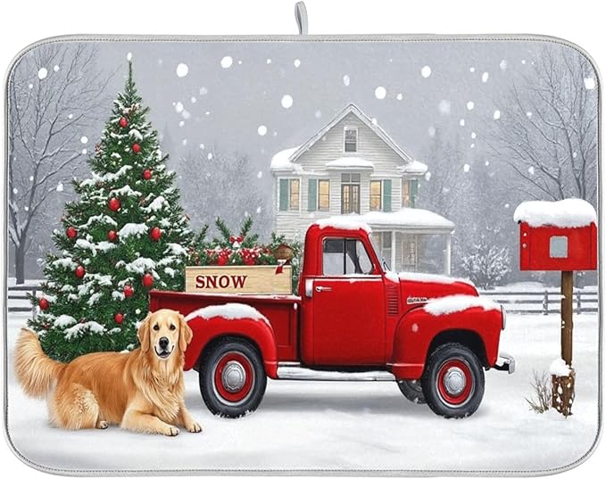 Christmas Tree Truck Dish Drying Mat for Kitchen Countertop 18x24 Winter Snow Poinsettia Golden Retriever Large Drying Mat Reusable Quick Dry Dish Sink Mats Easy Clean Decorative Essentials