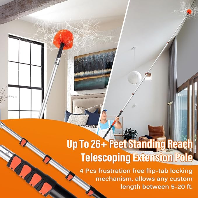 26 FT Cobweb Duster with Extension Pole,Spider Web Brush with Pole Extend 5-20FT,Spiderweb Cleaner with 4-Stage Telescopic Aluminum Pole,Spider Brush Cobweb for Outdoor & Indoor Cleaning