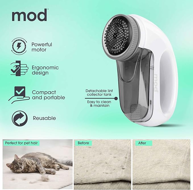 MOD Portable Fabric Shaver and Lint Remover, Reusable Pet Hair Remover,Roller for Clothes, Sweater Shaver, Couch, Blankets, Curtains with Detachable Lint Collector Tank, Battery Operated, White/Gray