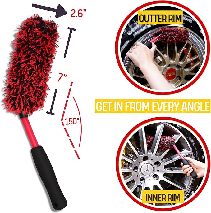 oesee Metal Free Microfiber Wheel Brush Kit- Microfiber Angled Wheel Brush, Long Handle Wheel Brush, Tire& Detailing Brush, Wheel Wash Mitt. Hands-On Wheel Detailing Kit for Daily Wheel Cleaning