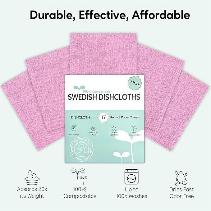 Auggee Swedish Dishcloths for Kitchen, 5 Pack Swedish Dish Cloths, Ultra Absorbent Reusable Paper Towels, Cellulose Sponge Cloths, Quick Drying, No Odor, Dishwasher Safe Pink