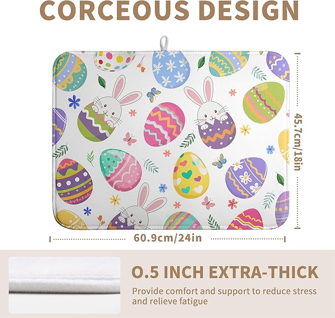 Happy Easter Bunny Dish Drying Mats Spring Floral Dish Mat Easter Cute Rabbit Eggs Drying Matt Dishes Dryer Pad for Kitchen Counter Absorbent Microfiber Washable Foldable Reusable 18x24 in