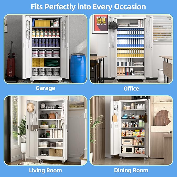 71" H Metal Garage Storage Cabinet with Wheels,Lockable Rolling Steel Storage Cabinet with 5 Adjustable Shelves and Pegboard for Garage, Office, Home, Assembly Required（White）