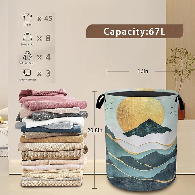 Green Mountains Collapsible Laundry Baskets,Golden Sunset Laundry Hamper,Storage Basket with Handles for Bathroom Bedroom College Dormitory Living Room Nursery Organizer 16"x20"