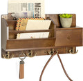Key Holder Wall Mount with Mail Sorter - Modern Farmhouse Key and Mail Organizer with Hooks and Mini Drawer for Home Decor - Rustic Apartment Essentials for Home Improvement (Brown & Golden Hooks)