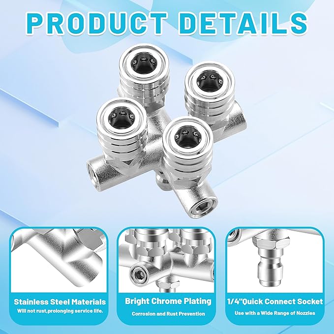 EZALOR Quadruple Pressure Washer Tips, 4 in 1 Power Washer Nozzle, 4 Nozzle for Pressure Washing with 16PCS Power Washer Spray Nozzles (0, 15, 25, 40 Degree), 1/4 Inch Quick Connect, 5000 PSI