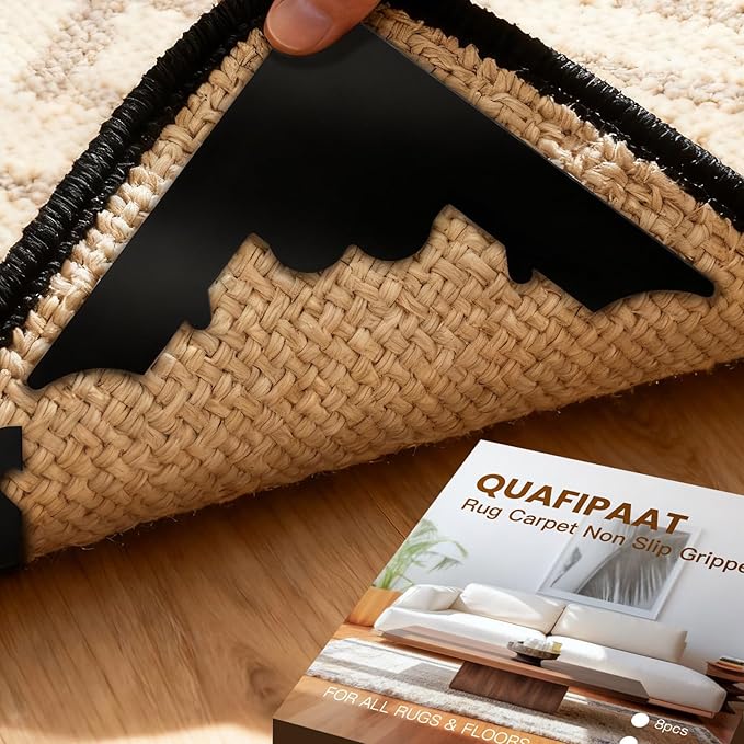 QUAFIPAAT 16 Pcs Rug Carpet Non Slip Grippers, No Damage Reusable Rug Tape for Hardwood Floors and Tiles, Keep Corners Flat, Double-Sided Adhesive Area Rugs