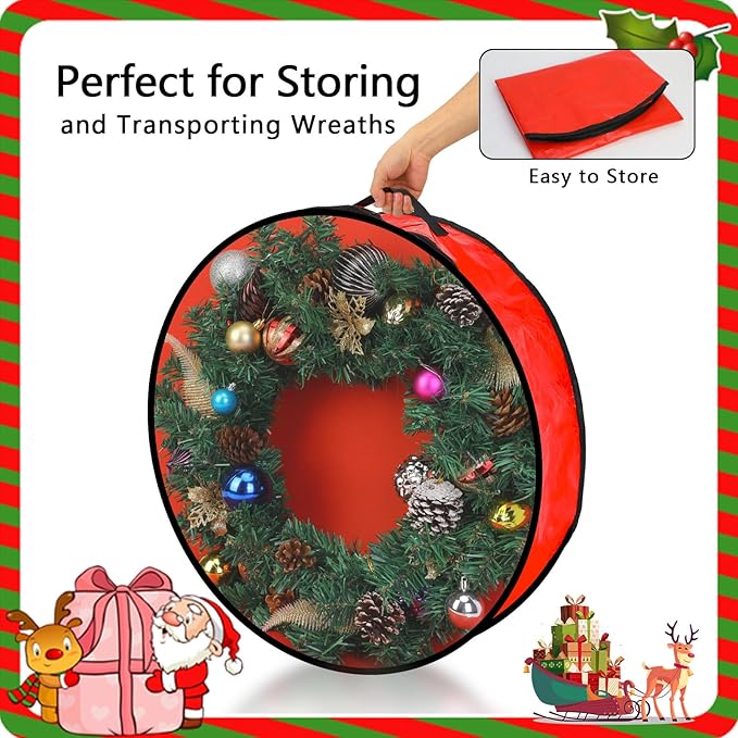 Pwsap 2 Pack Christmas Wreath Storage Container - 30 Inch, Garland Storage, Christmas Large Wreath Storage Container Cover, Durable Tarp Material, Dual Zipper Storage Bag for Xmas Holiday, Red
