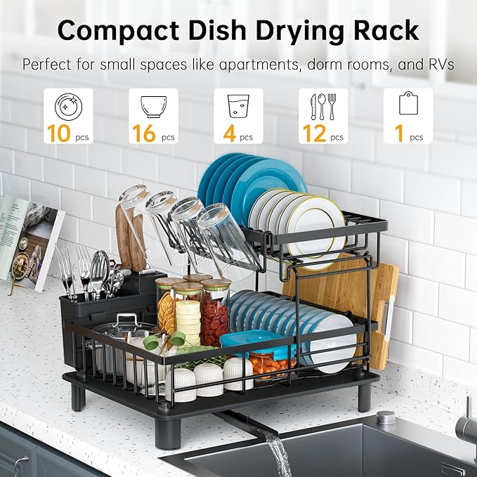 IMXSUMDA Dish Drying Rack, 2 Tier Dish Racks for Kitchen Counter, Compact Drying Rack Kitchen, Rust-Resistant Dish Drainer, Detachable Space-Saving Dish Rack with Drainboard, Utensil Holder, Black