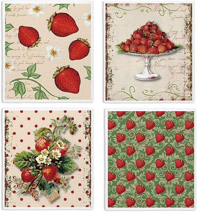 LARTSFRO Swedish Dishcloths for Kitchen, Papaya Reusable Paper Towels Washable, Vintage Strawberries Swedish DishCloths for Friut, 4 Pack Dish Towels for Kitchen
