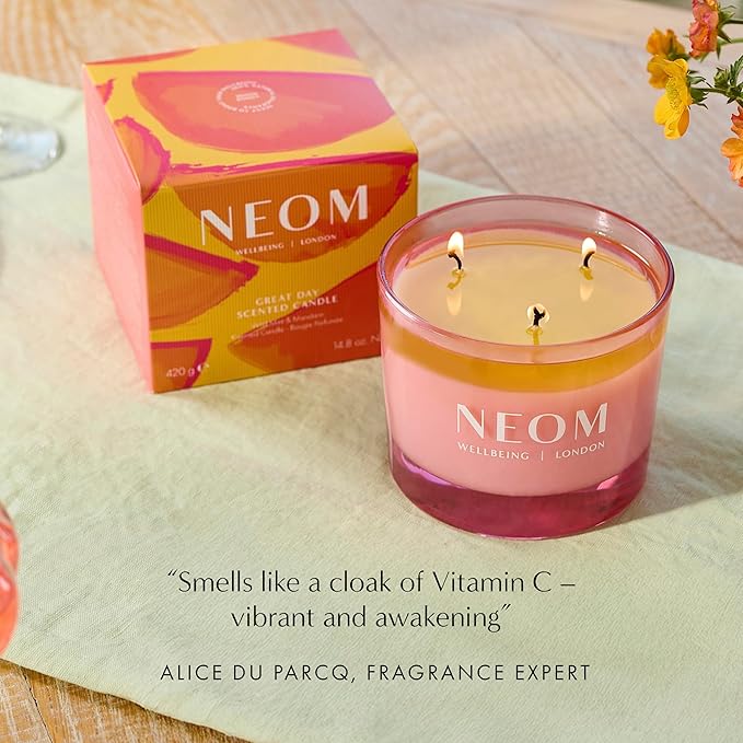 NEOM Great Day Scented Candle, 3 Wick I Hand Finished I 100% Naturally derived Wax I Wild Mint and Mandarin I Designed to Help Uplift Your Day and Boost Your Mood.