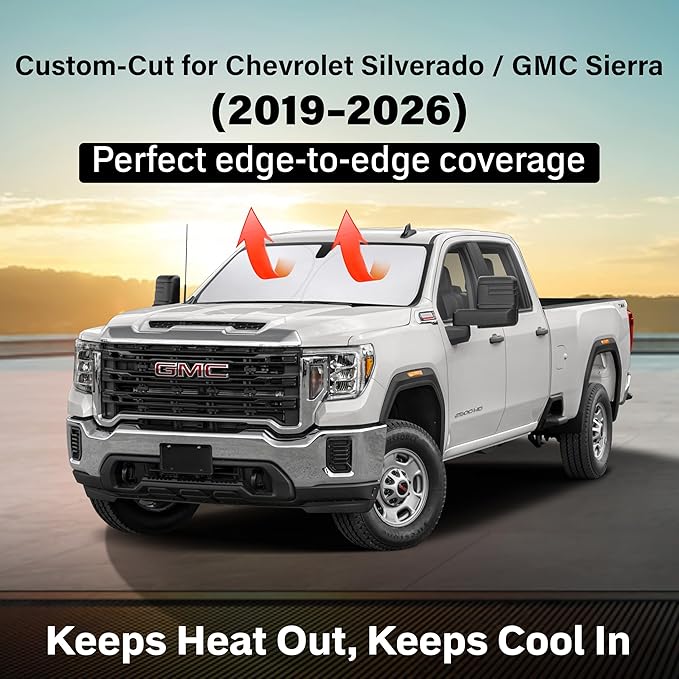 EcoNour Windshield Sun Shade Compatible for Chevrolet Silverado/GMC Sierra 2019–2026 | Full-Size Pickup Front Window Sunshade | Foldable Sun Visor Protector | Blocks UV Rays & Reduces Heat