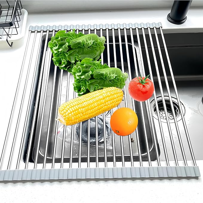 Sayehuanye Roll Up Dish Drying Rack, 21.3" x 15.8" Over The Sink Dish Drying Rack, Kitchen Dish Rack Foldable Dish Drainer, Stainless Steel Dish Drying Rack for Kitchen Sink Counter Storage (Grey)